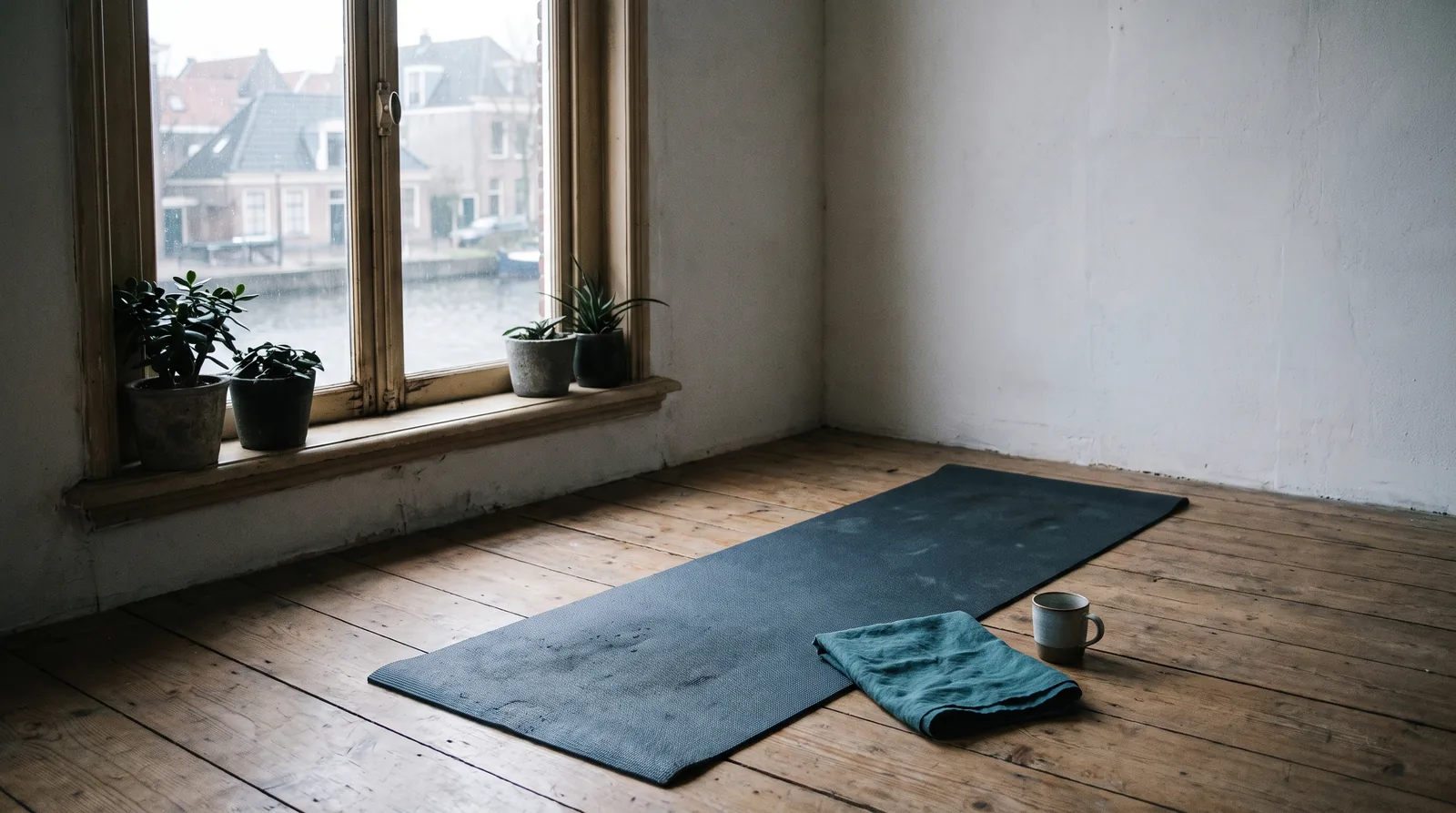 Uitgerolde sportmat bij een raam op houten vloerdelen