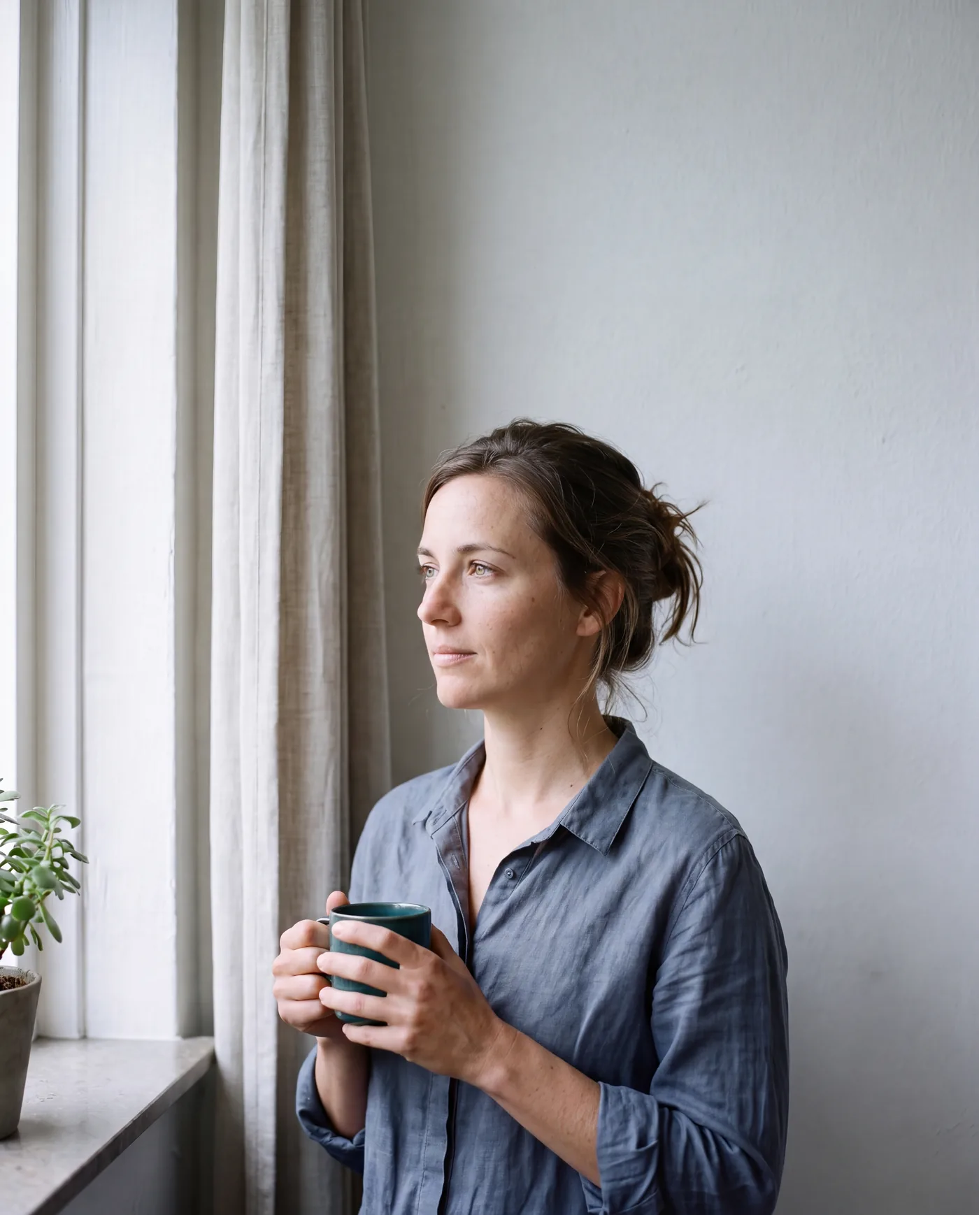 Vrouw bij een raam met een mok in de ochtend, daglicht van links