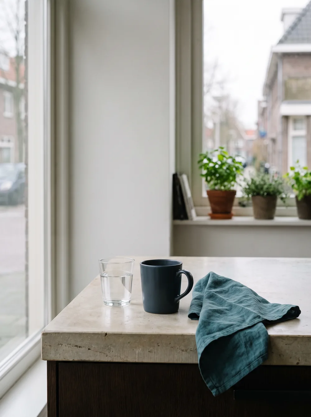 Glas water op het aanrecht bij daglicht door het keukenraam