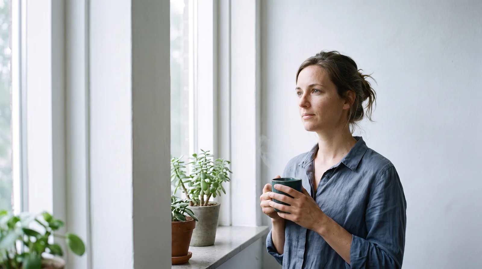 Vrouw staat bij een raam met een mok en kijkt naar buiten