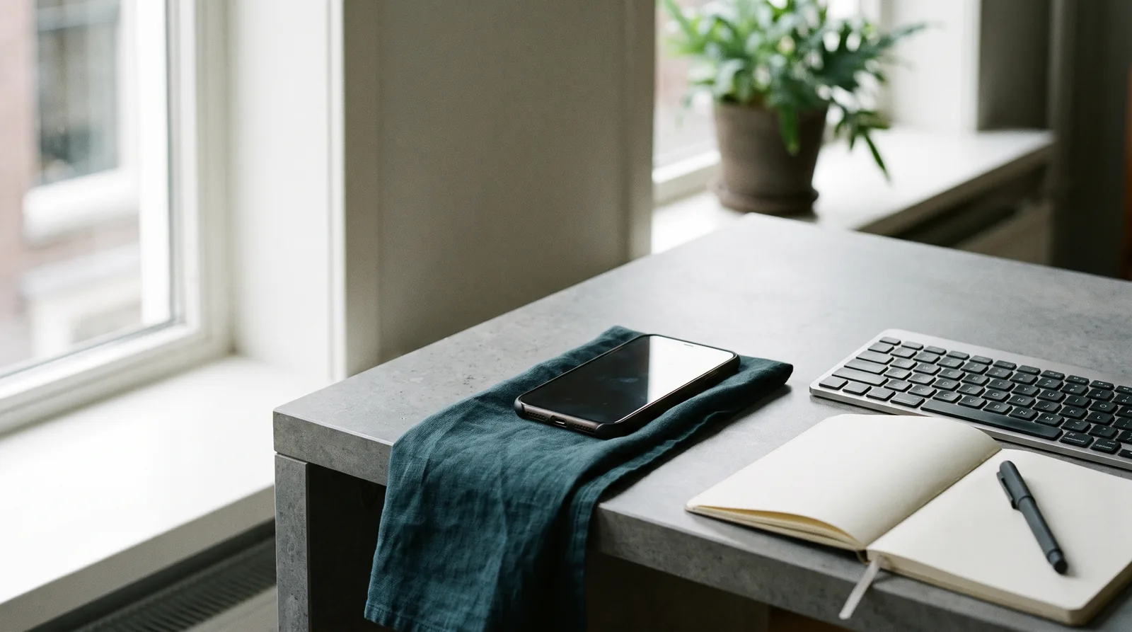 Bureau bij daglicht met een omgekeerde telefoon naast het toetsenbord