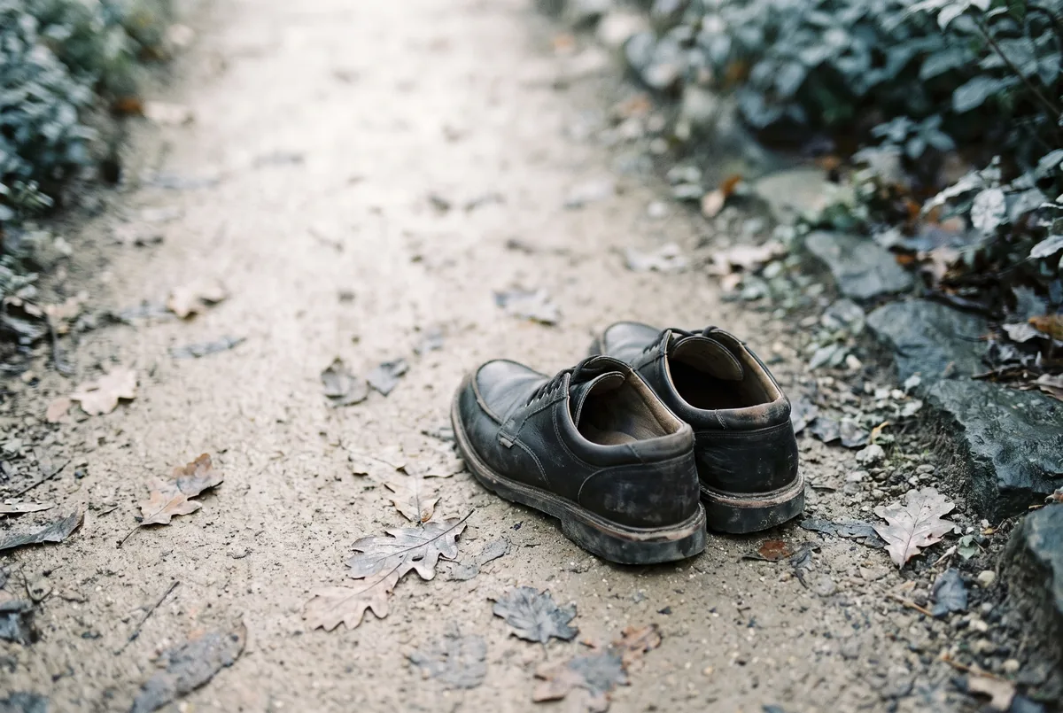 Wandelschoenen op een bospad van bovenaf