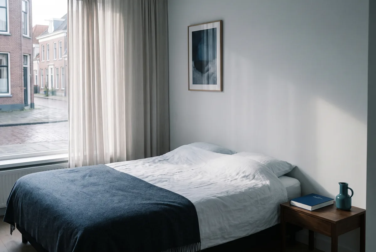 Opgemaakt bed bij ochtendlicht