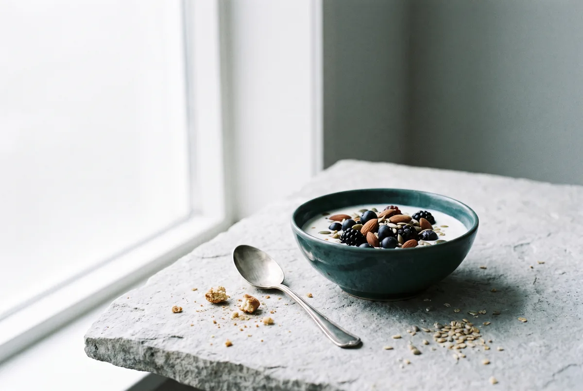 Yoghurt met noten op een lichte tafel