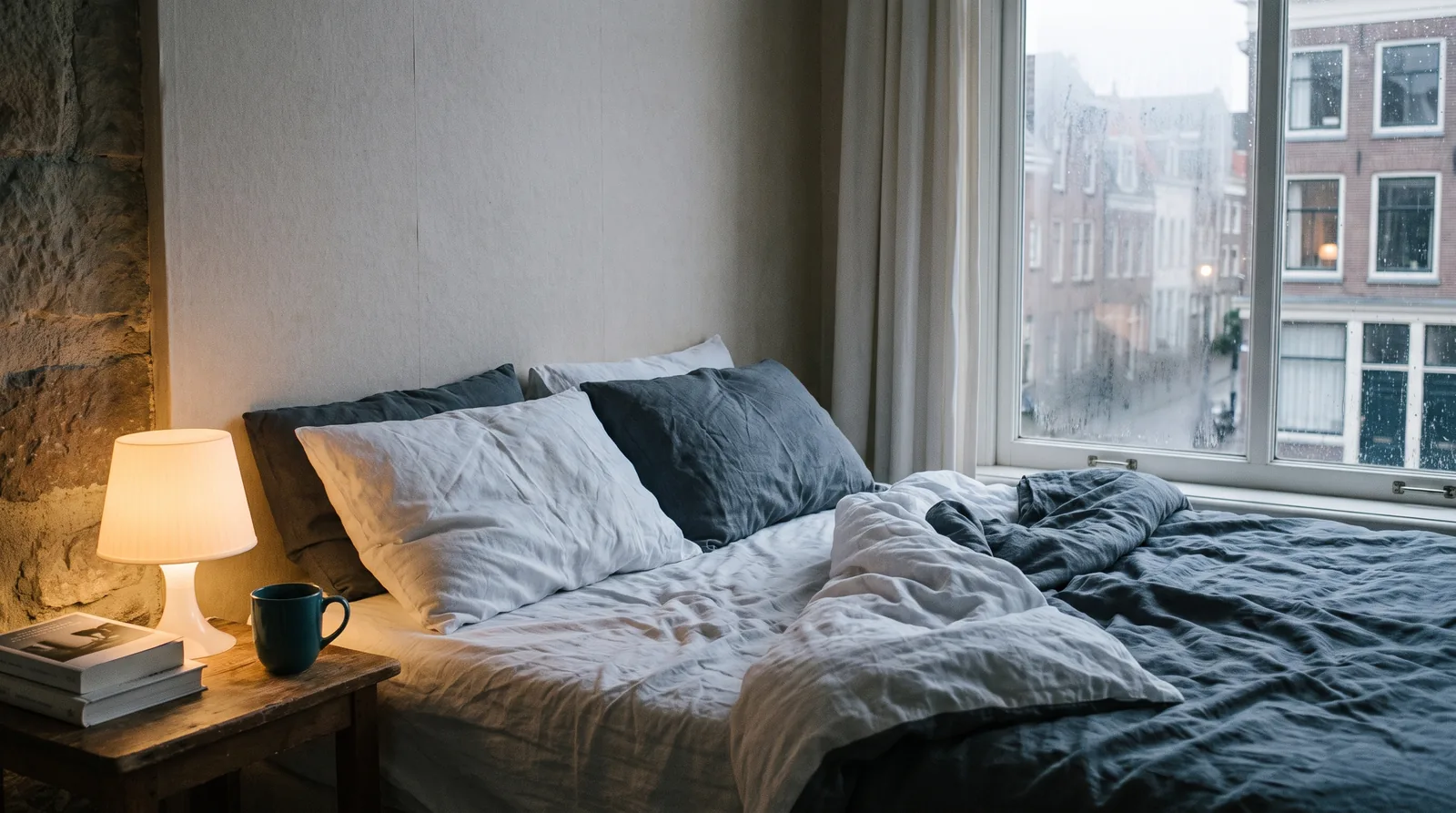 Slaapkamer midden in de nacht met één zacht brandend bedlampje